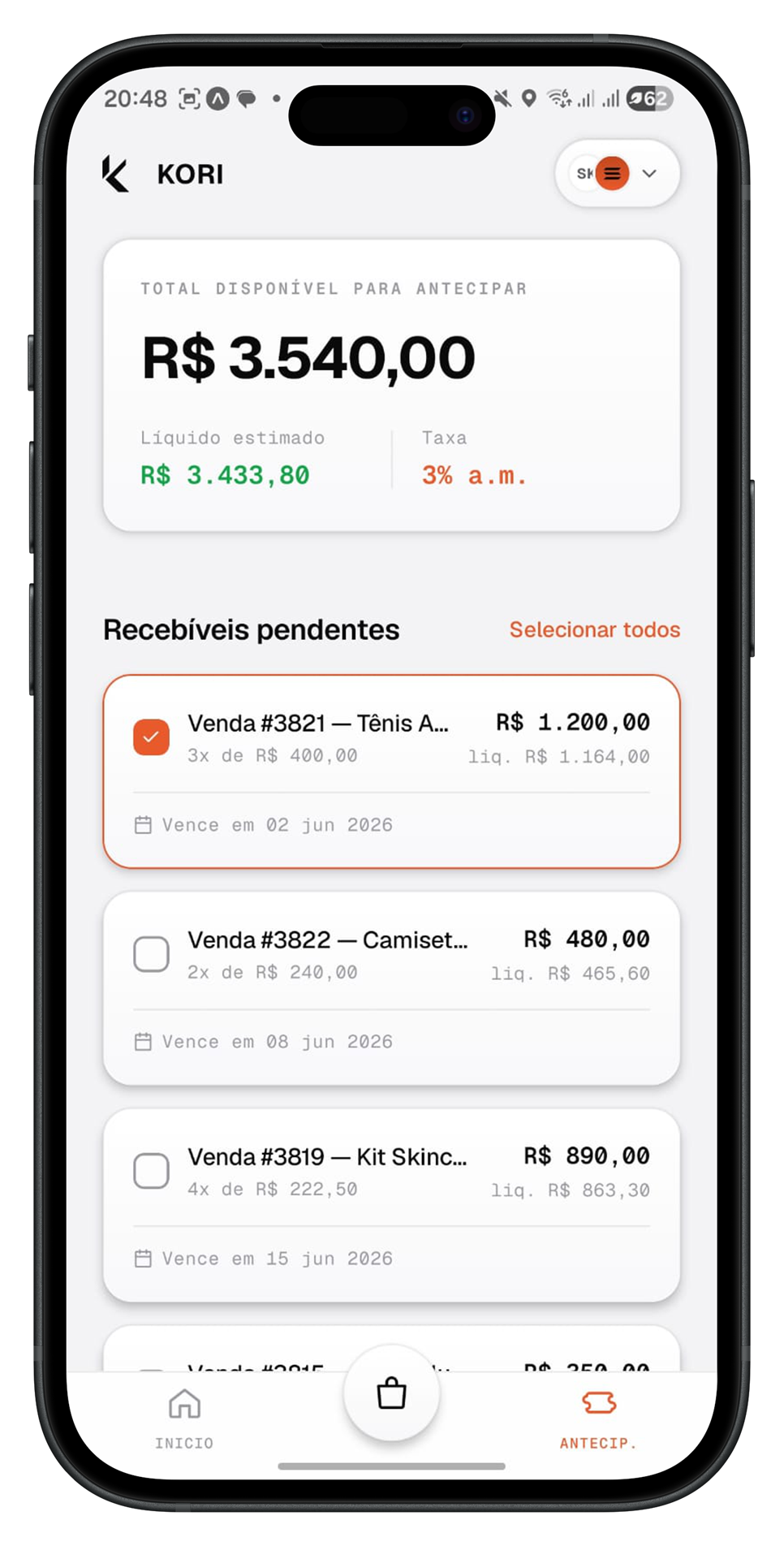 Tela de antecipação de recebíveis do app Kori