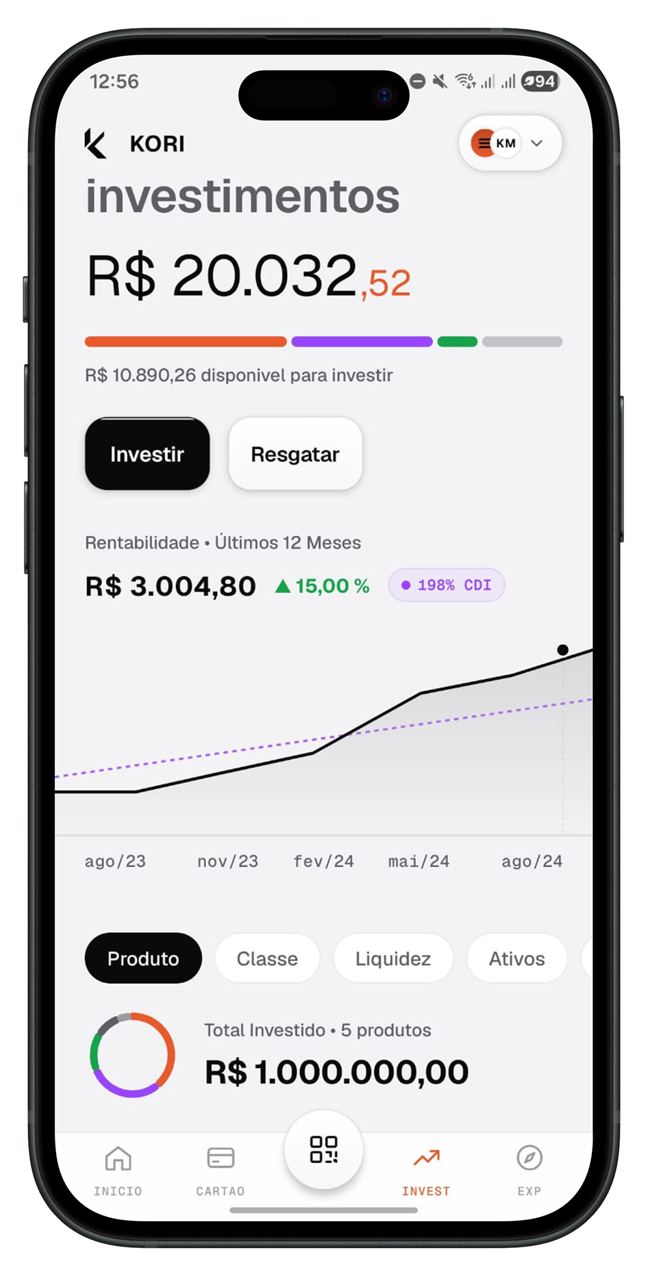 Tela de investimentos do app Kori